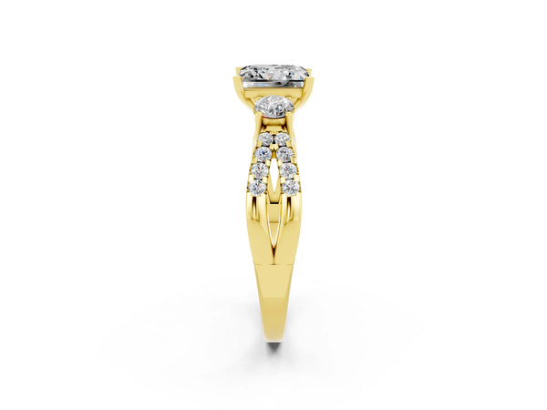 Yellow gold Princess Cut Moissanite Three-Stone Ring with Pavé Split Shank and Four-Prong Setting