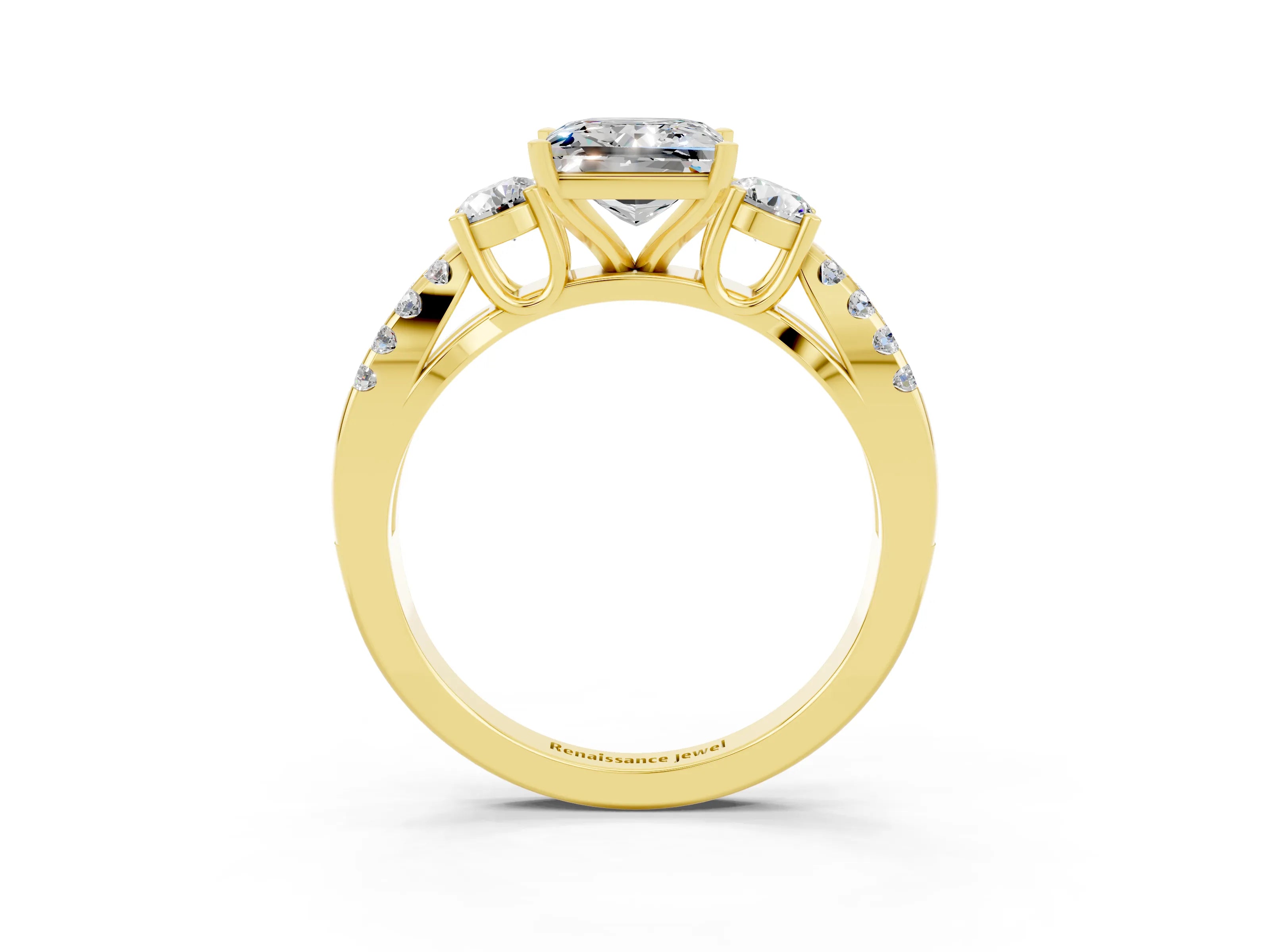 Yellow gold Princess Cut Moissanite Three-Stone Ring with Pavé Split Shank and Four-Prong Setting_3