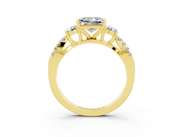 Yellow gold Princess Cut Moissanite Three-Stone Ring with Pavé Split Shank and Four-Prong Setting