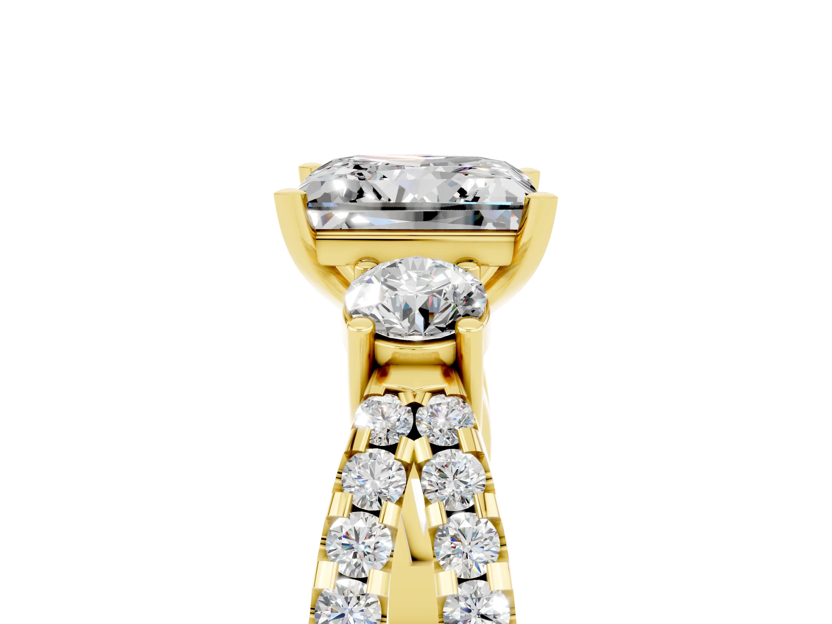 Yellow gold Princess Cut Moissanite Three-Stone Ring with Pavé Split Shank and Four-Prong Setting_5