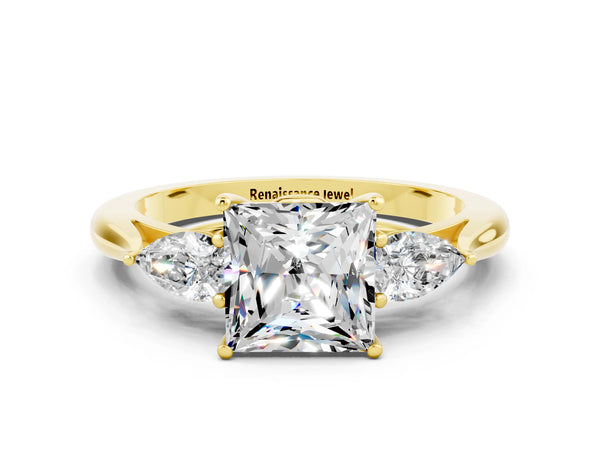 Yellow gold Princess Cut Moissanite Three-Stone Ring with Pear  Side Stones and Prong Setting