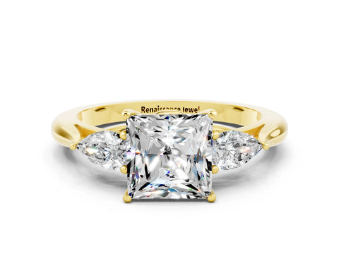 Yellow gold Princess Cut Moissanite Three-Stone Ring with Pear Side Stones and Four-Prong Setting_12