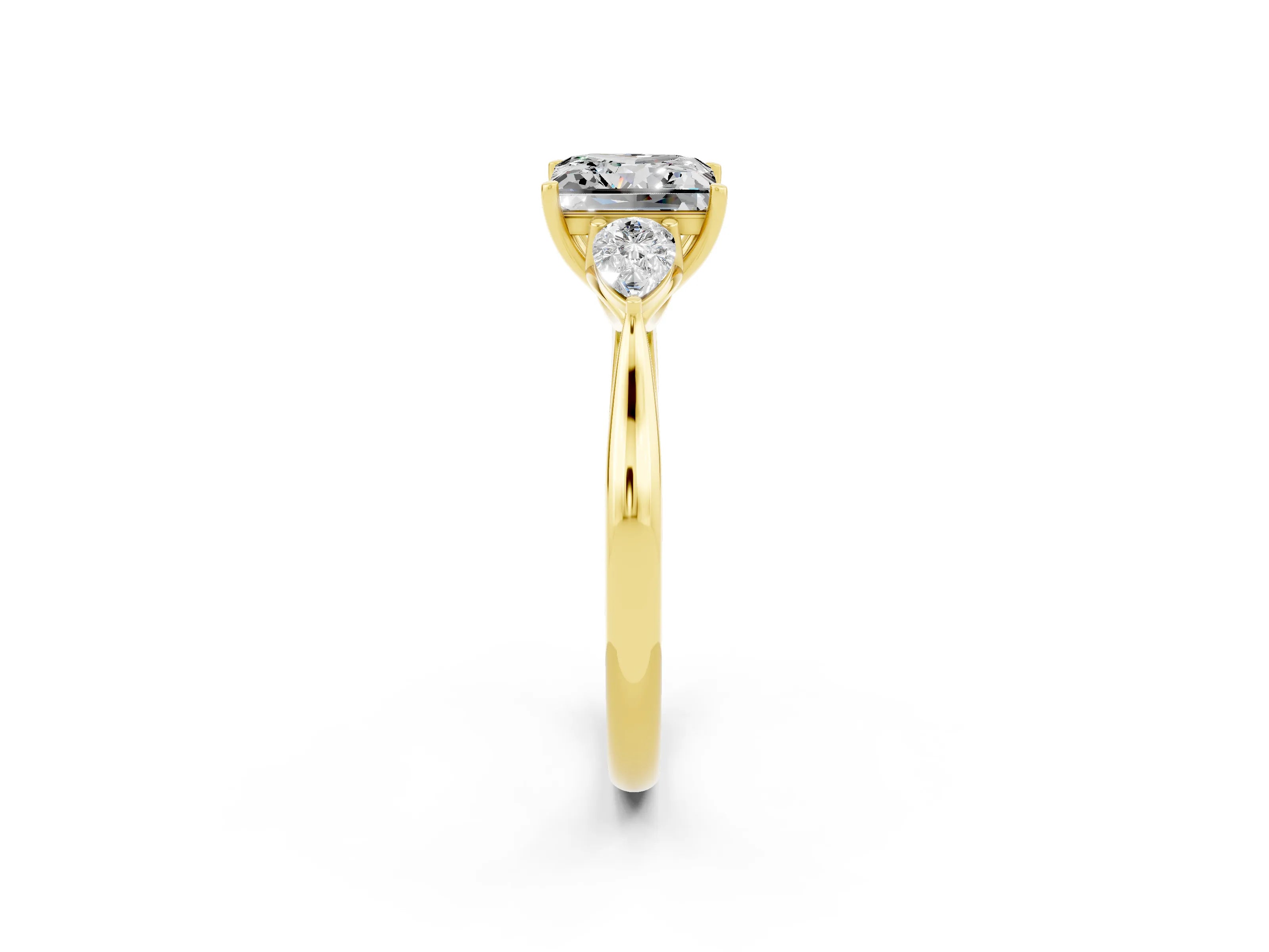 Yellow gold Princess Cut Moissanite Three-Stone Ring with Pear Side Stones and Four-Prong Setting_14