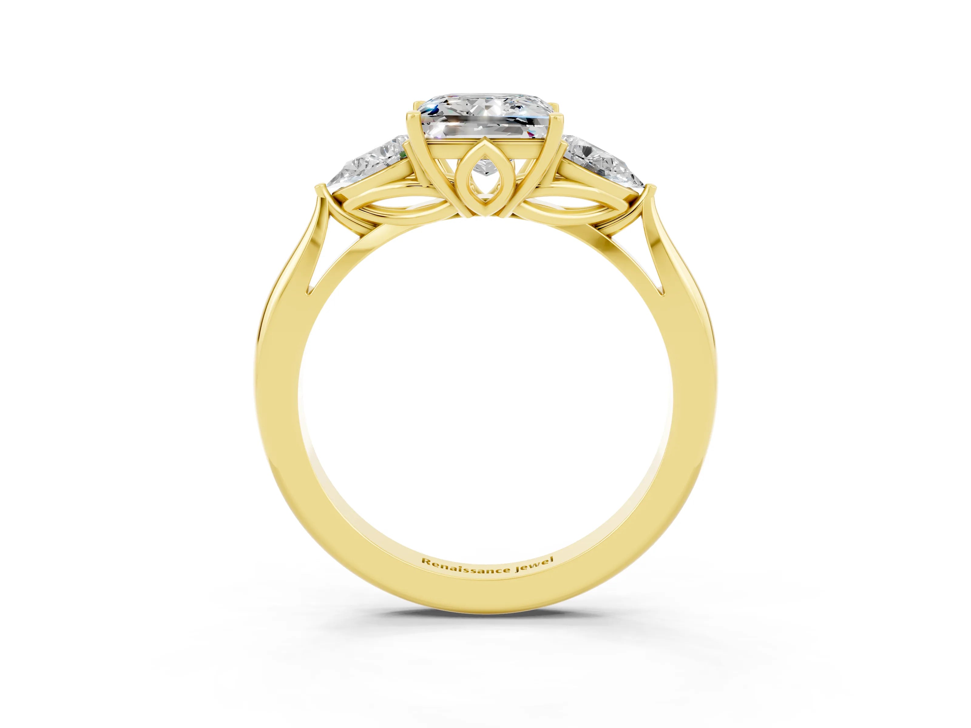 Yellow gold Princess Cut Moissanite Three-Stone Ring with Pear Side Stones and Four-Prong Setting_15
