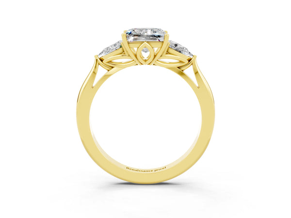 Yellow gold Princess Cut Moissanite Three-Stone Ring with Pear  Side Stones and Prong Setting