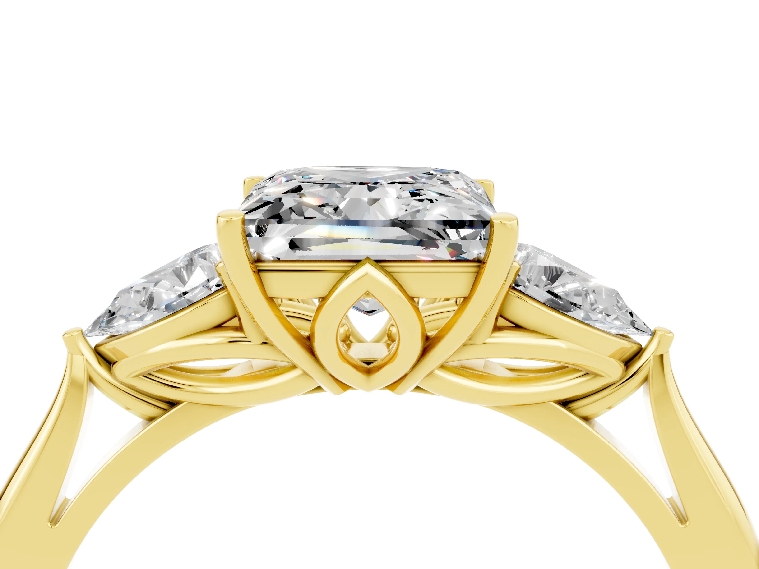 Yellow gold Princess Cut Moissanite Three-Stone Ring with Pear Side Stones and Four-Prong Setting_16