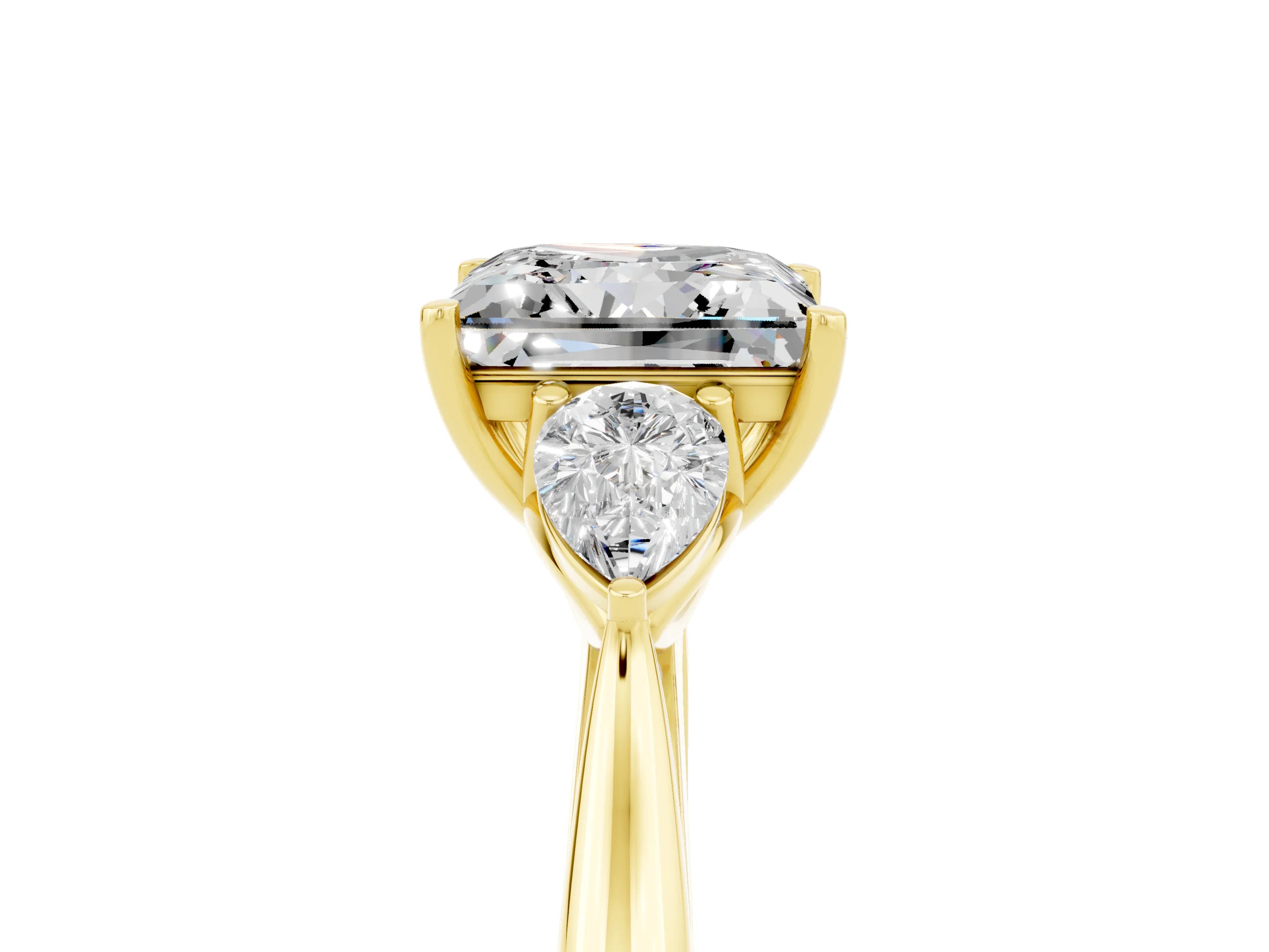 Yellow gold Princess Cut Moissanite Three-Stone Ring with Pear Side Stones and Four-Prong Setting_17