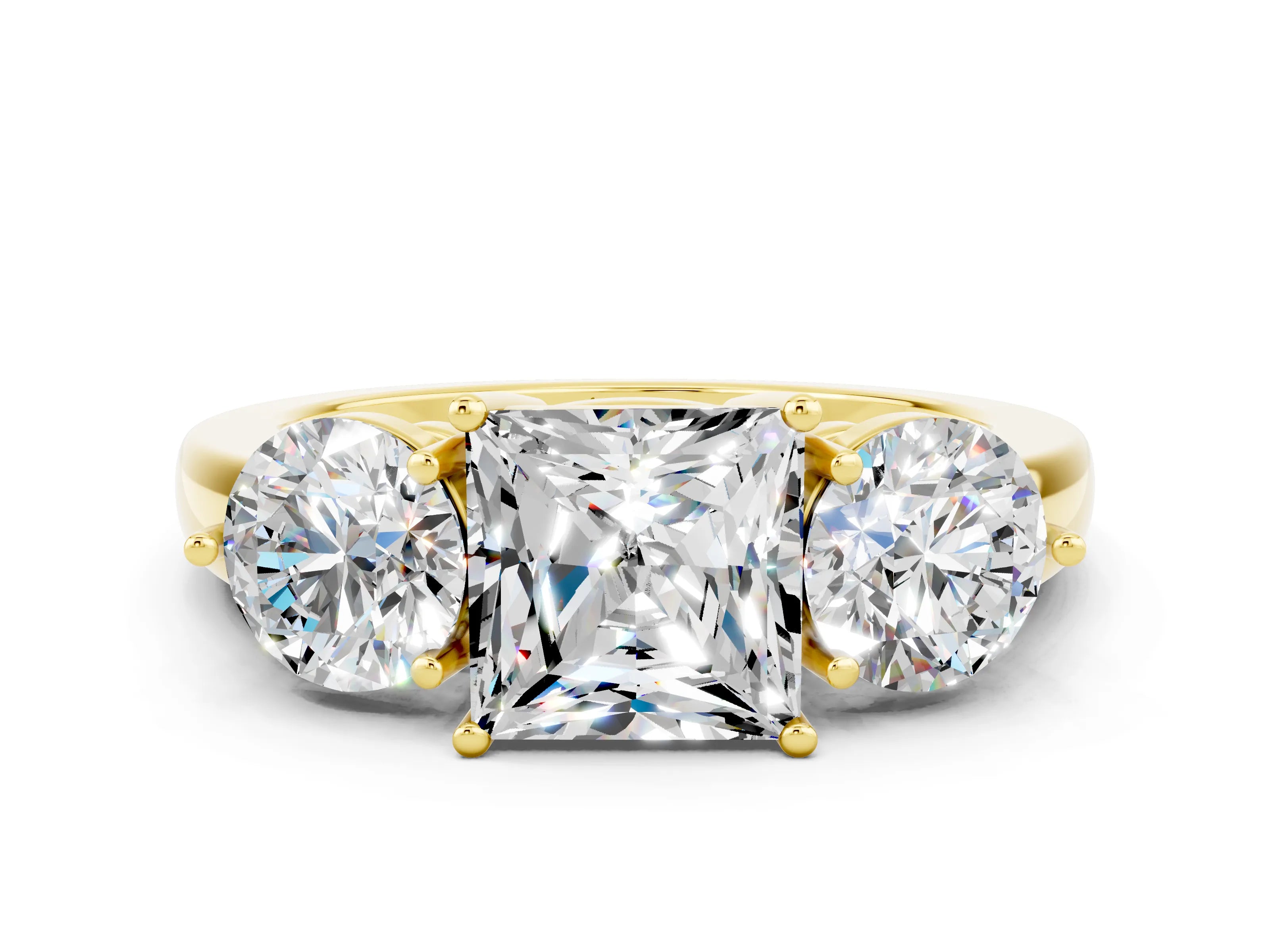 Yellow gold Princess Cut Moissanite Three-Stone Ring with Prong Setting and Classic Band