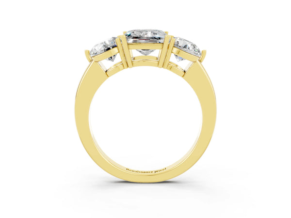 Yellow gold Princess Cut Moissanite Three-Stone Ring with Prong Setting and Classic Band