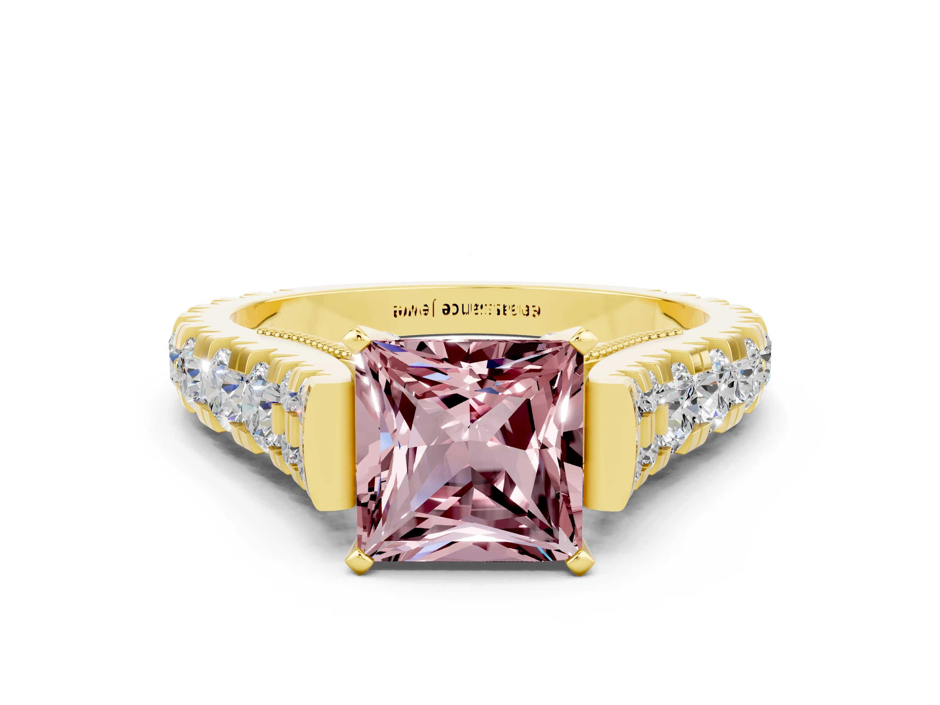 Yellow gold Princess Cut Morganite Classic Solitaire Ring with Pavé Band and Four-Prong Setting