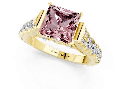 Yellow gold Princess Cut Morganite Classic Solitaire Ring with Pavé Band and Four-Prong Setting_1