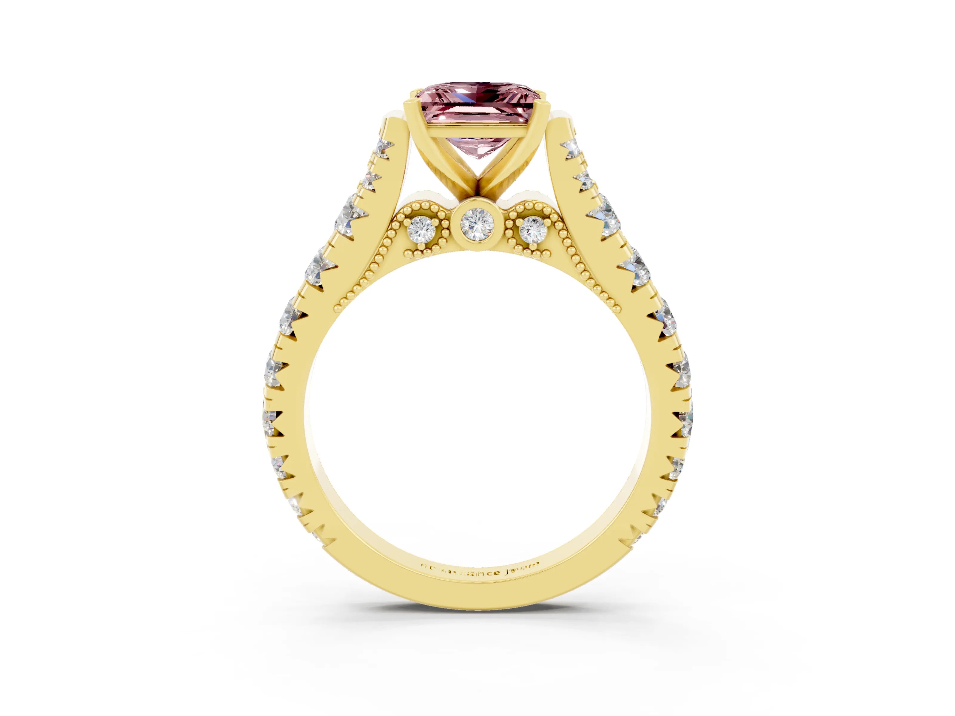 Yellow gold Princess Cut Morganite Classic Solitaire Ring with Pavé Band and Four-Prong Setting_3