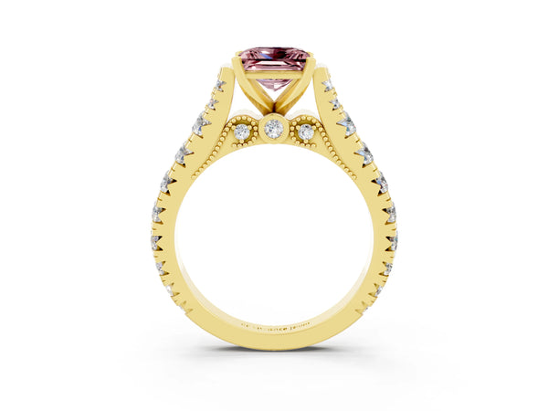 Yellow gold Princess Cut Morganite Classic Solitaire Ring with Pavé Band and Four-Prong Setting