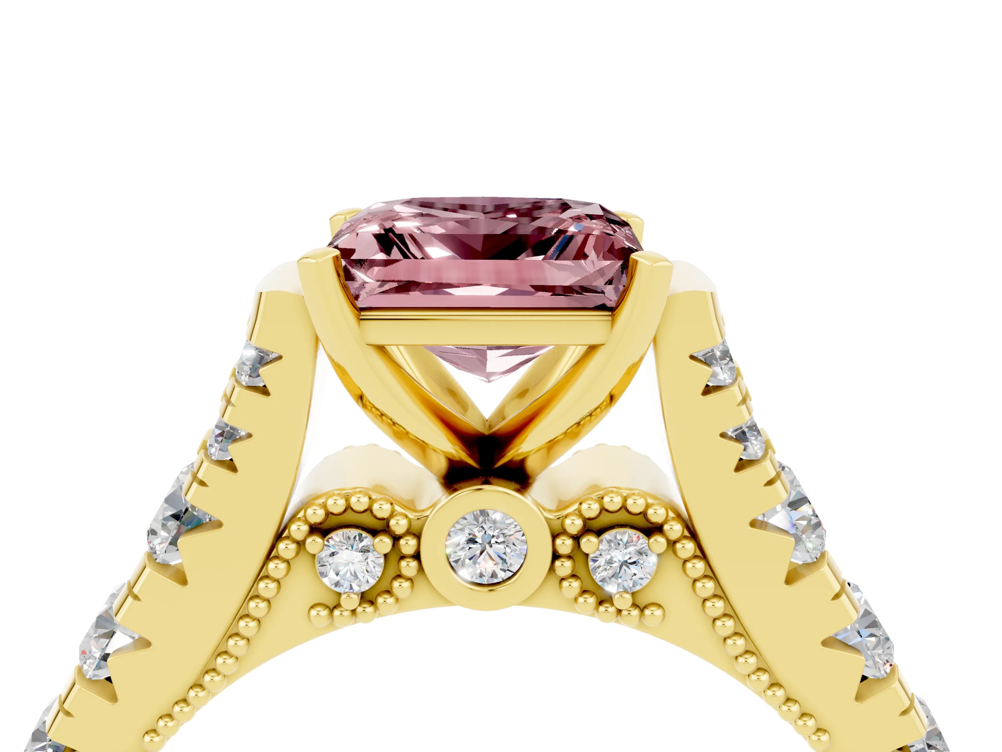 Yellow gold Princess Cut Morganite Classic Solitaire Ring with Pavé Band and Four-Prong Setting_4