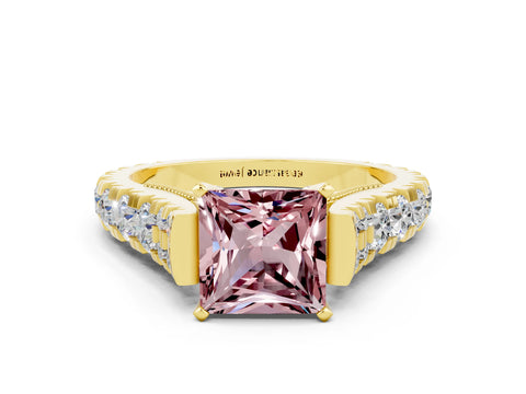 Yellow gold Princess Cut Morganite Classic Solitaire Ring with Pavé Band and Four-Prong Setting