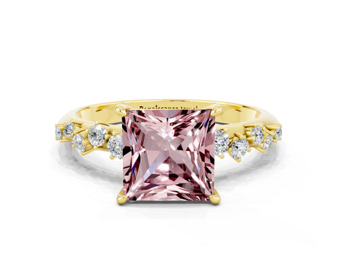 Yellow gold Princess Cut Morganite Cluster Side Stone Solitaire Ring with Prong Setting_24