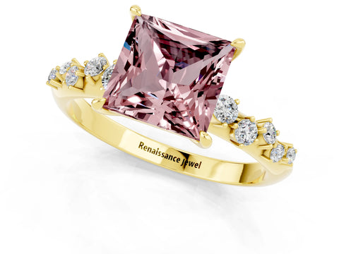 Yellow gold Princess Cut Morganite Cluster Side Stone Solitaire Ring with Prong Setting_25