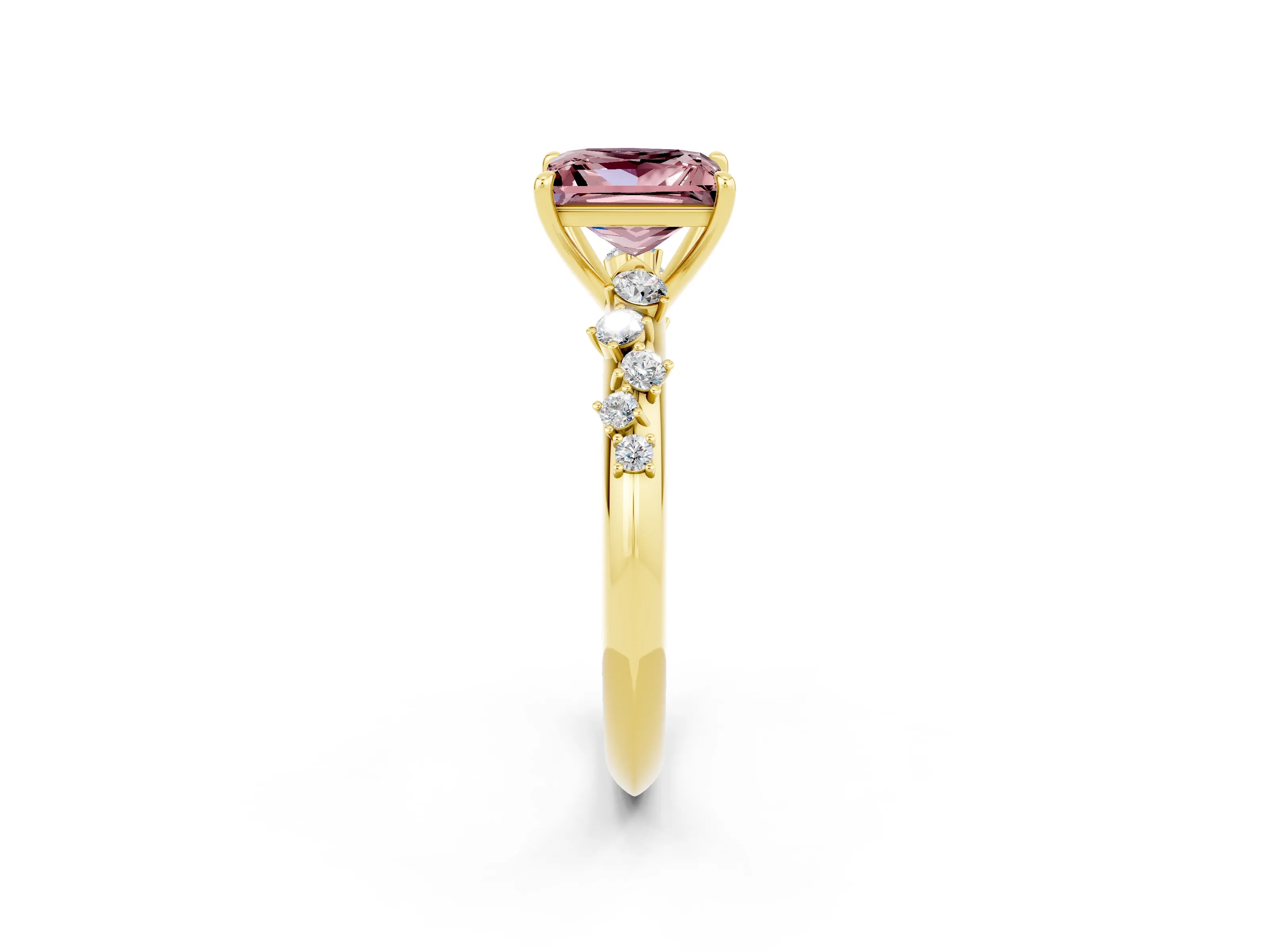Yellow gold Princess Cut Morganite Cluster Side Stone Solitaire Ring with Prong Setting_26