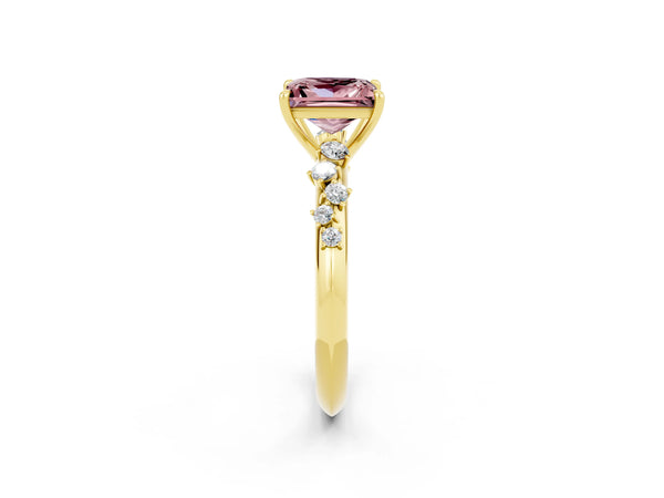 Yellow gold Princess Cut Morganite Cluster Side Stone Solitaire Ring with Prong Setting