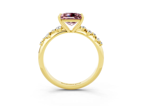 Yellow gold Princess Cut Morganite Cluster Side Stone Solitaire Ring with Prong Setting