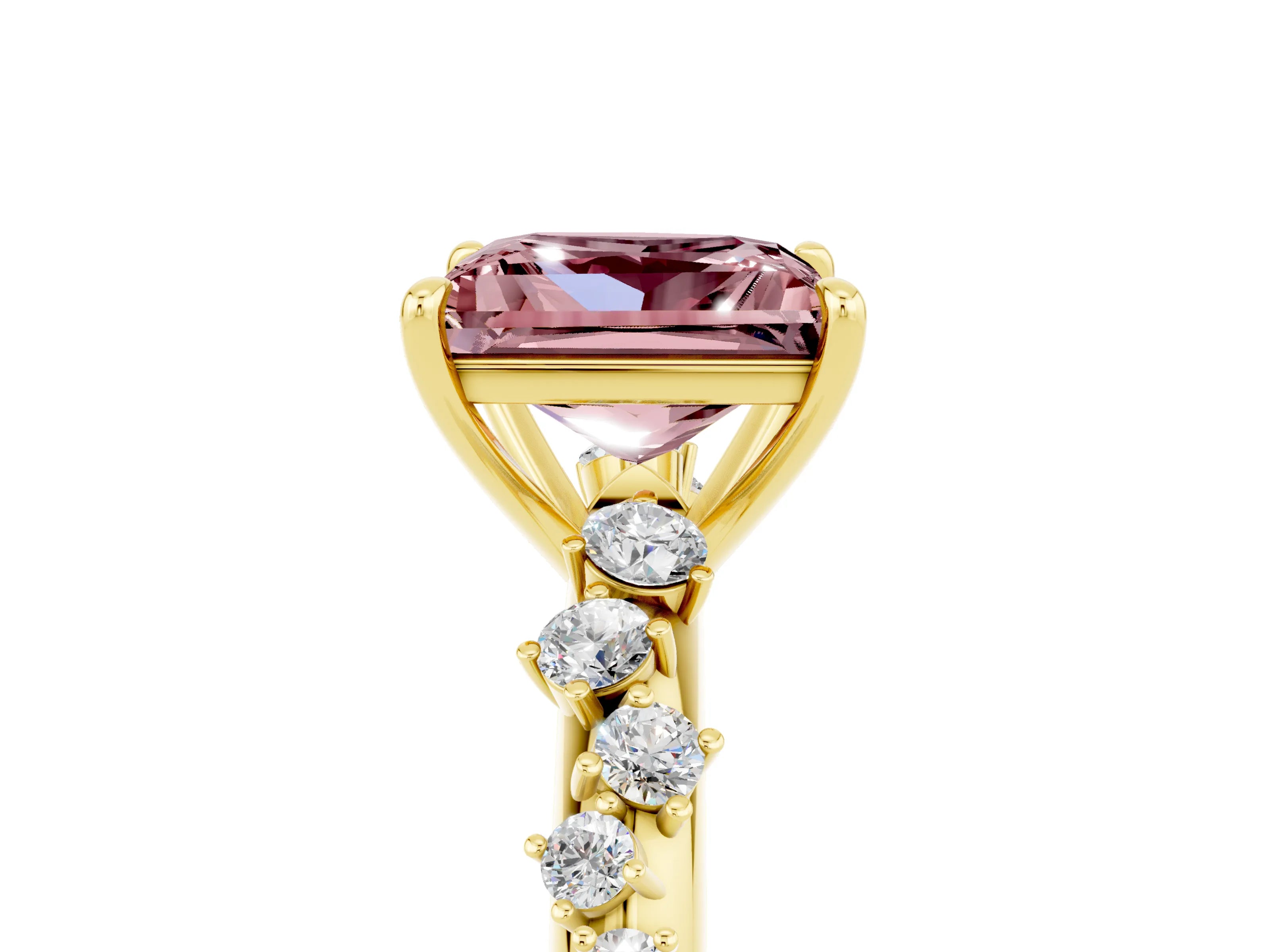 Yellow gold Princess Cut Morganite Cluster Side Stone Solitaire Ring with Prong Setting_29