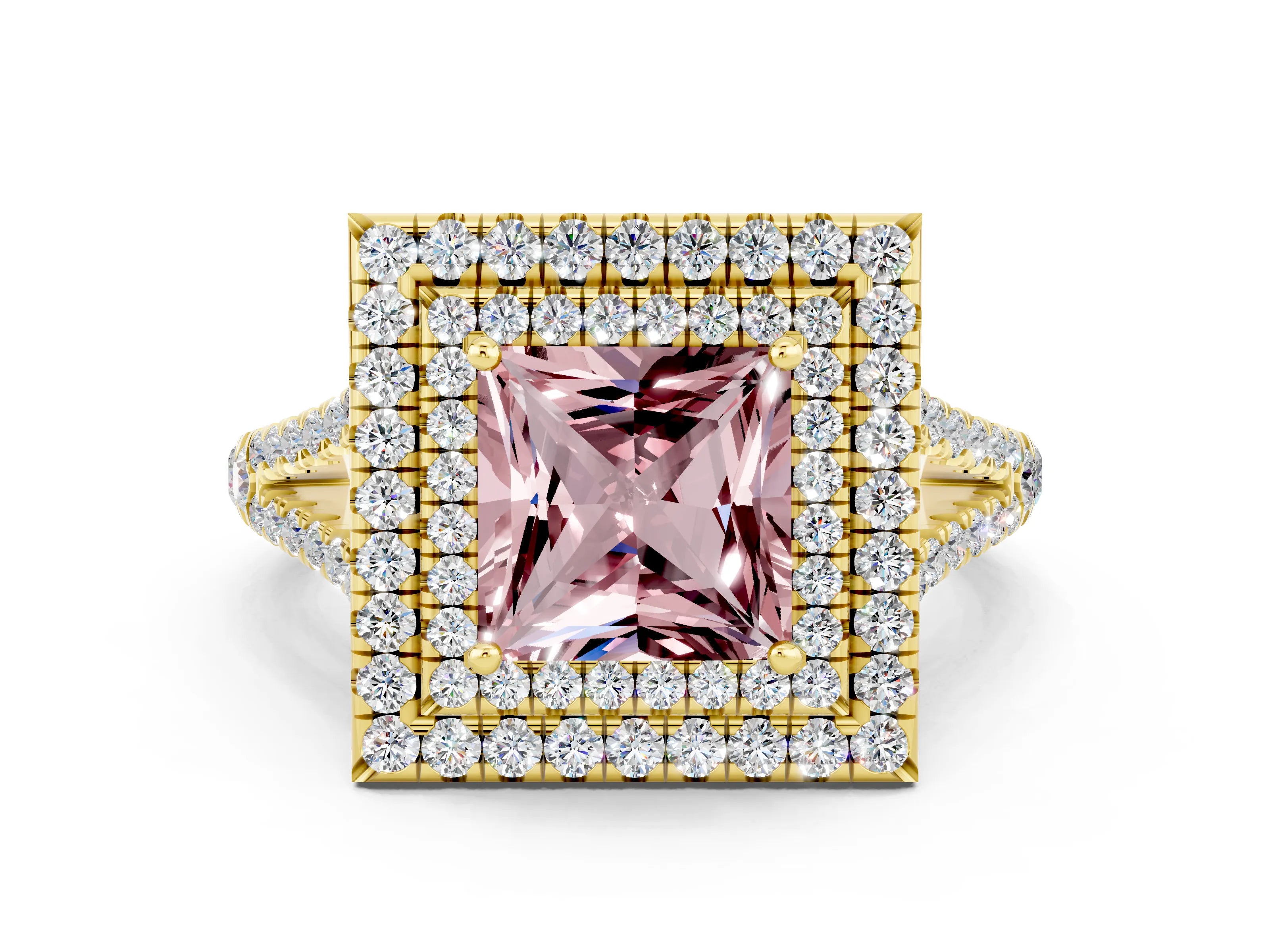 Yellow gold Princess Cut Morganite Double Halo Ring with Pavé Band and Prong Setting_12