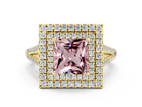Yellow gold Princess Cut Morganite Double Halo Ring with Pavé Band and Prong Setting_12