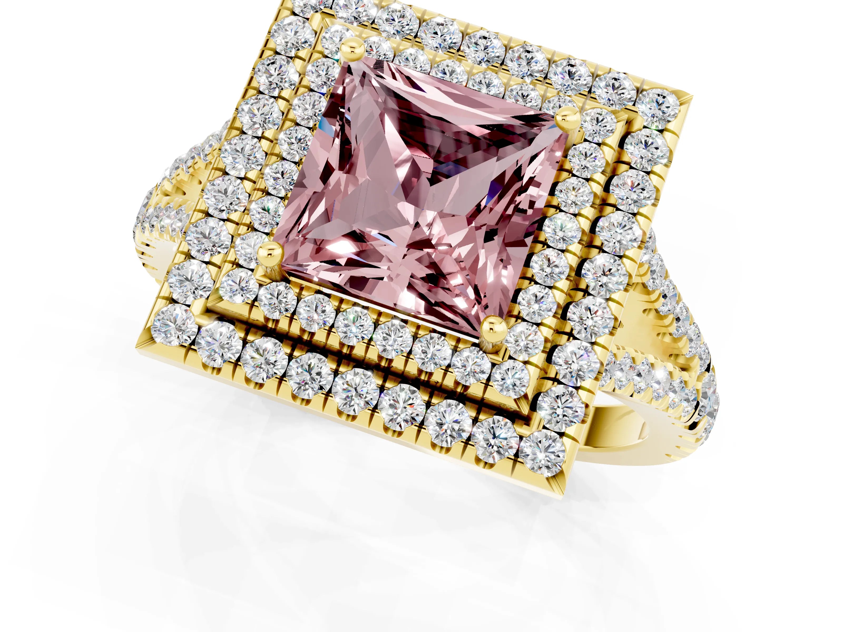 Yellow gold Princess Cut Morganite Double Halo Ring with Pavé Band and Prong Setting_13