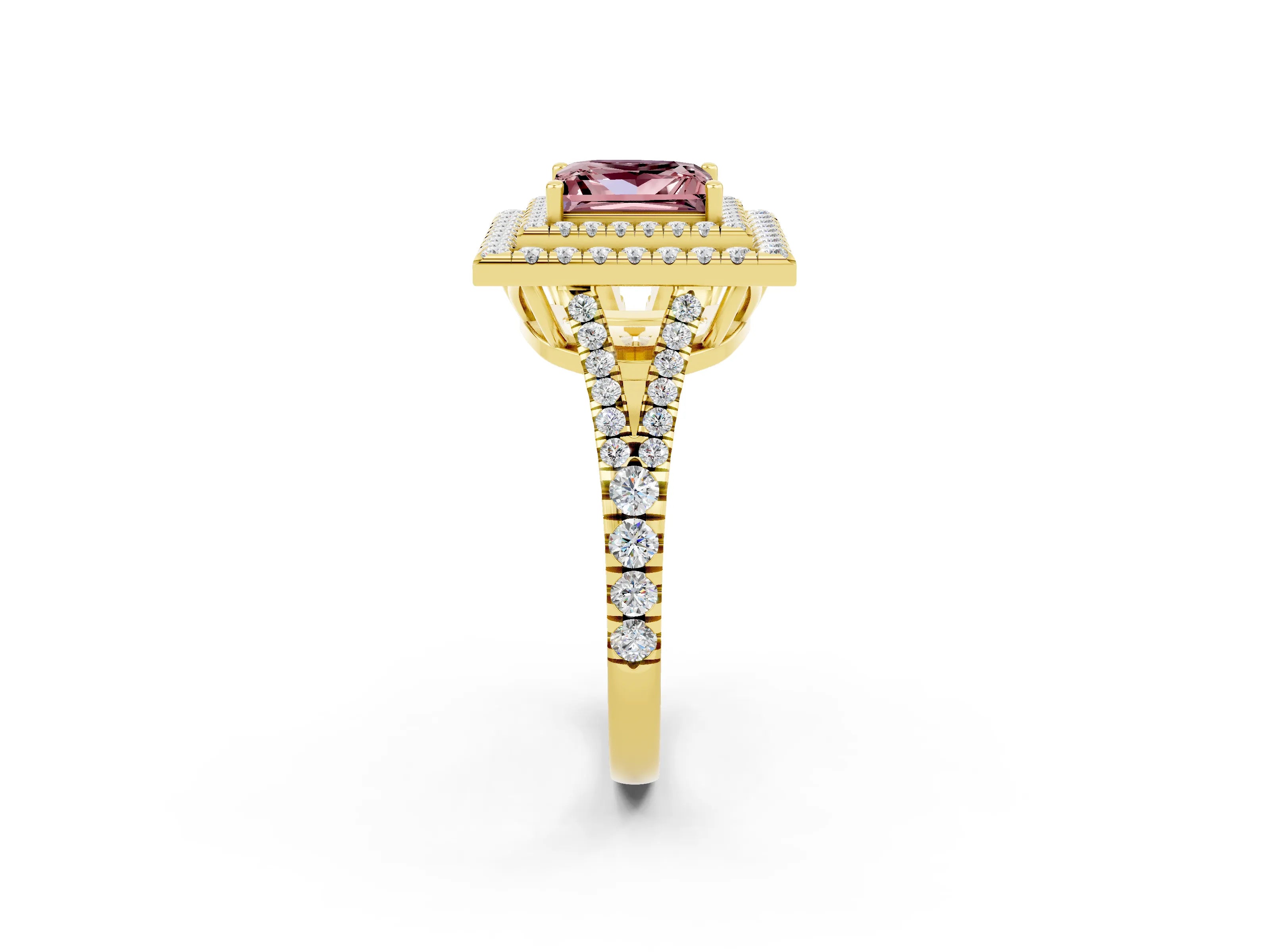Yellow gold Princess Cut Morganite Double Halo Ring with Pavé Band and Prong Setting_14