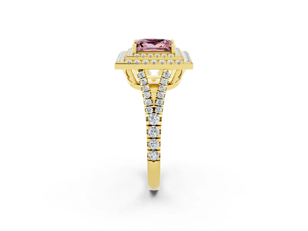 Yellow gold Princess Cut Morganite Double Halo Ring with Pavé Band and Prong Setting