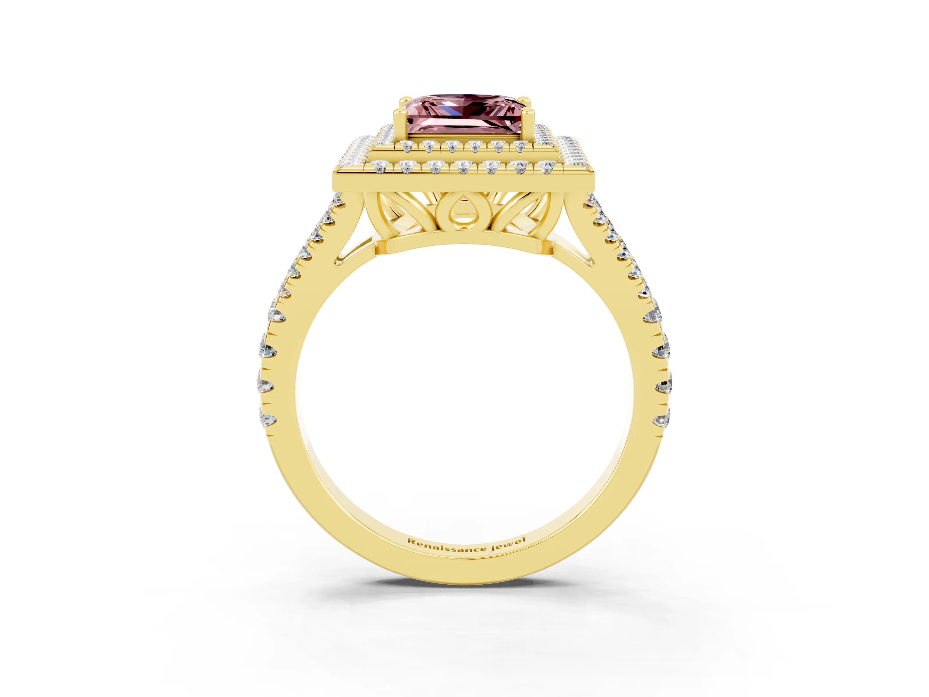 Yellow gold Princess Cut Morganite Double Halo Ring with Pavé Band and Prong Setting_15