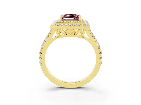 Yellow gold Princess Cut Morganite Double Halo Ring with Pavé Band and Prong Setting_15