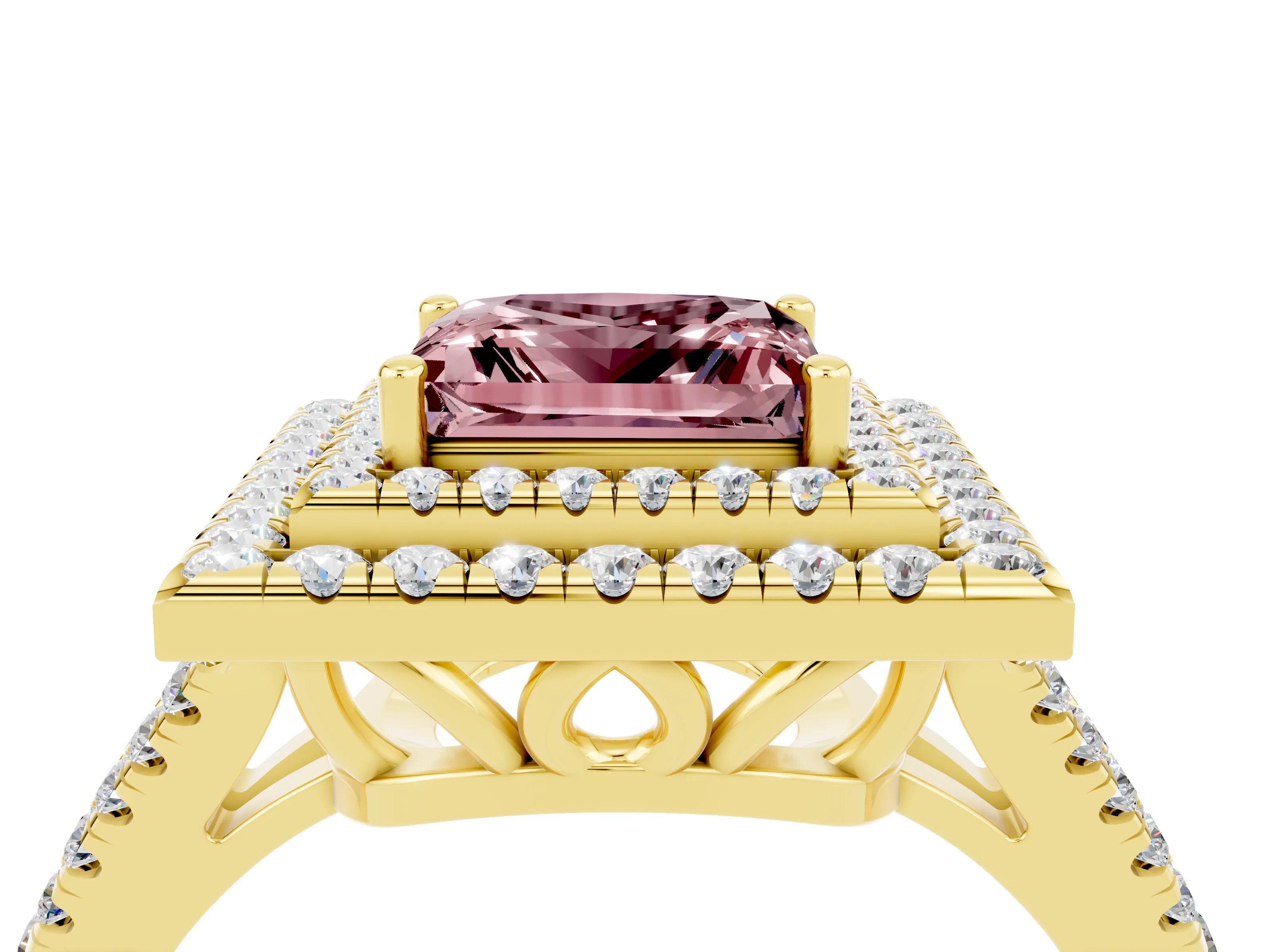Yellow gold Princess Cut Morganite Double Halo Ring with Pavé Band and Prong Setting_16