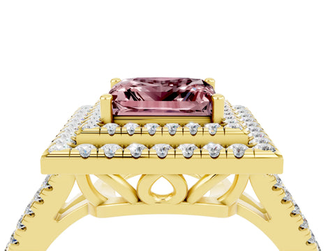 Yellow gold Princess Cut Morganite Double Halo Ring with Pavé Band and Prong Setting_16