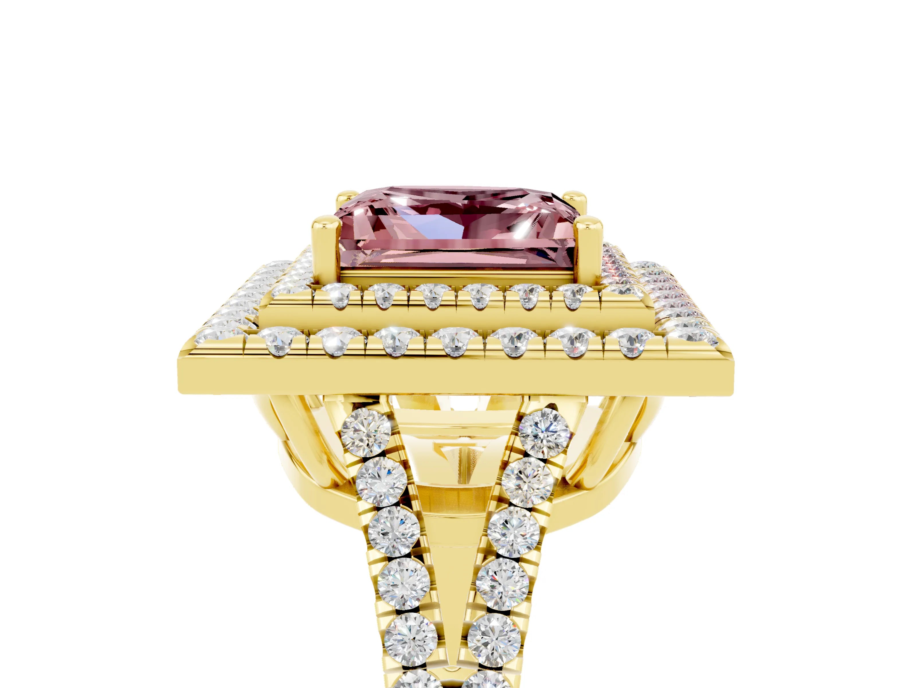 Yellow gold Princess Cut Morganite Double Halo Ring with Pavé Band and Prong Setting_17
