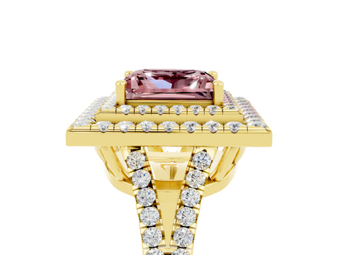 Yellow gold Princess Cut Morganite Double Halo Ring with Pavé Band and Prong Setting_17