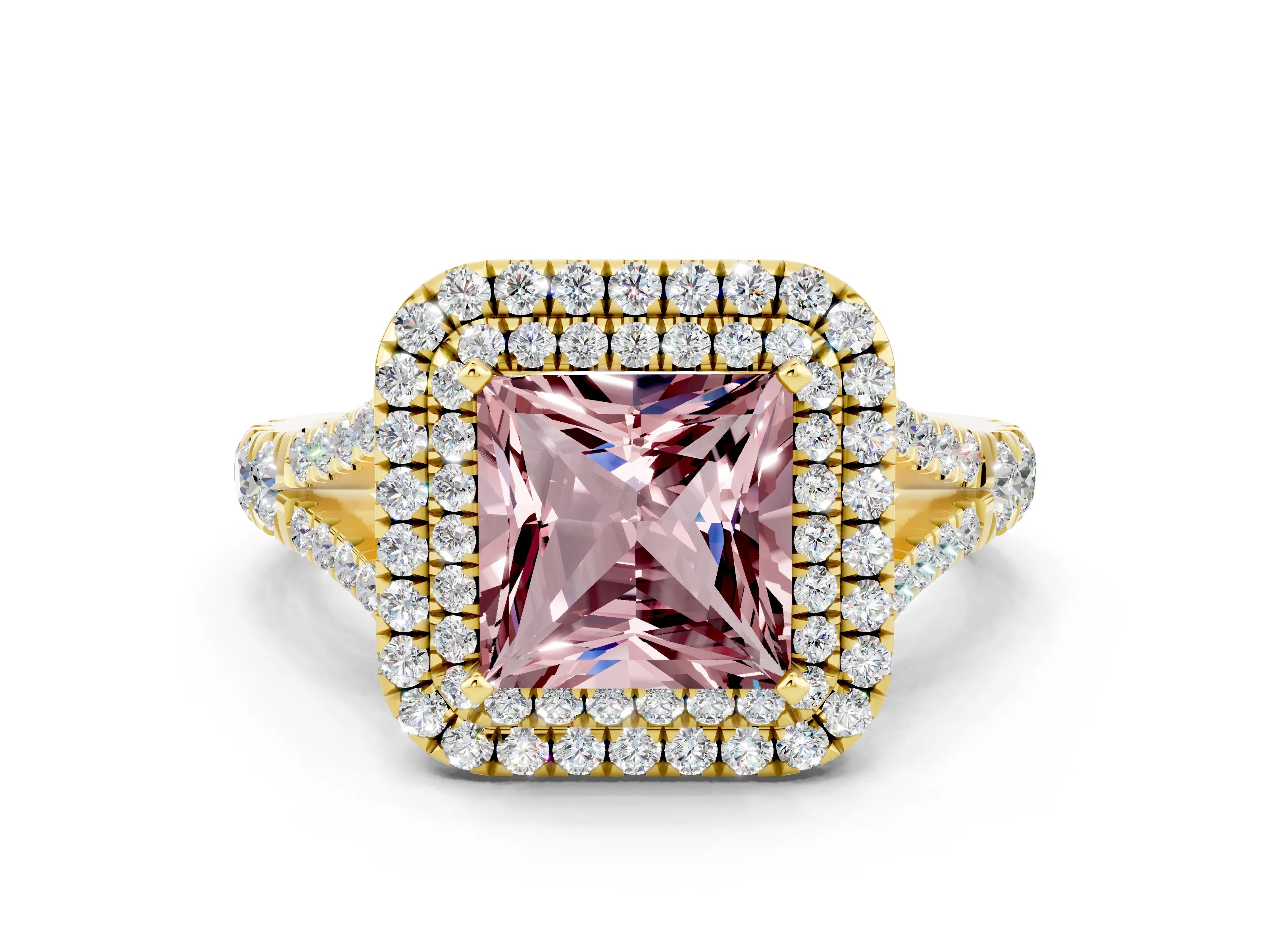 Yellow gold Princess Cut Morganite Double Halo Ring with Split Shank and Prong Setting_12