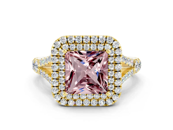 Yellow gold Princess Cut Morganite Double Halo Ring with Split Shank and Prong Setting