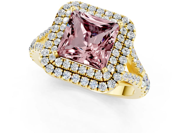 Yellow gold Princess Cut Morganite Double Halo Ring with Split Shank and Prong Setting
