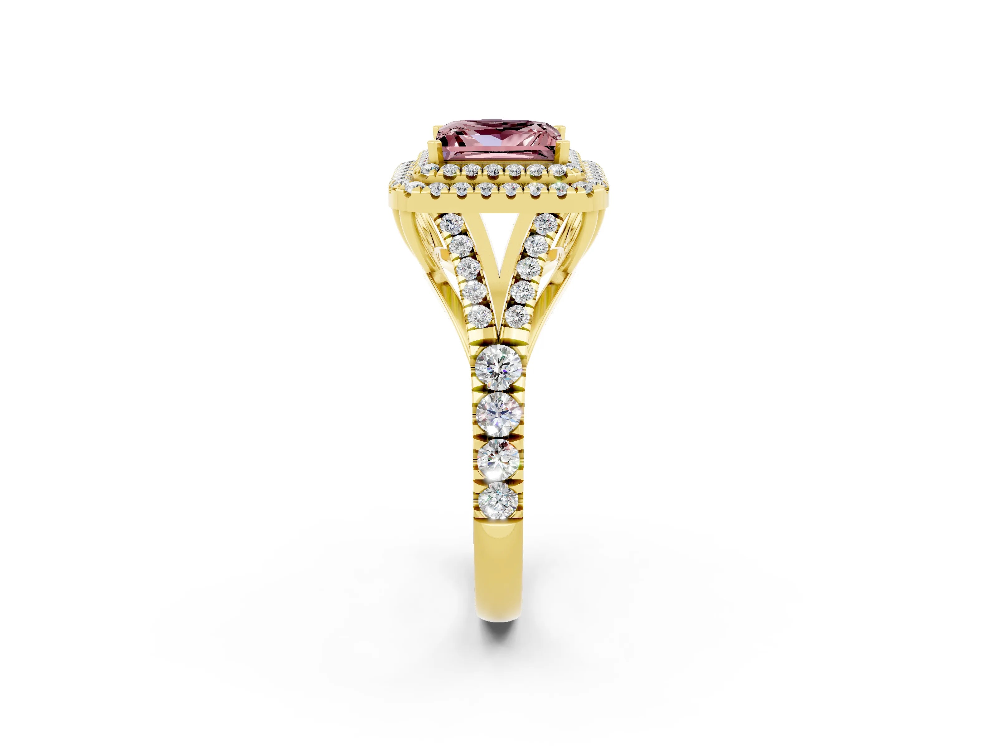 Yellow gold Princess Cut Morganite Double Halo Ring with Split Shank and Prong Setting_14