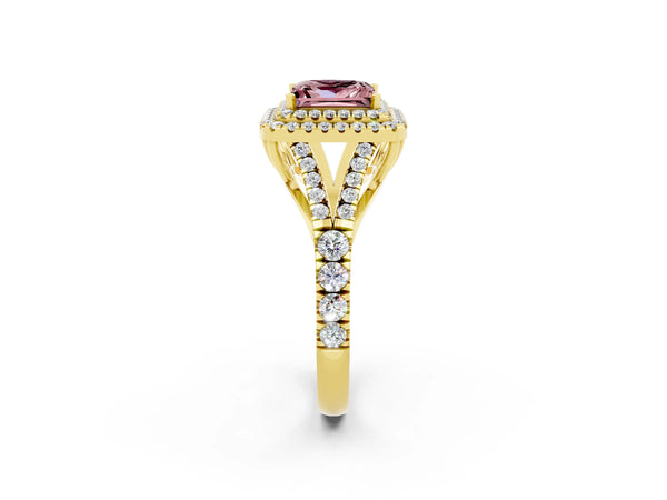 Yellow gold Princess Cut Morganite Double Halo Ring with Split Shank and Prong Setting