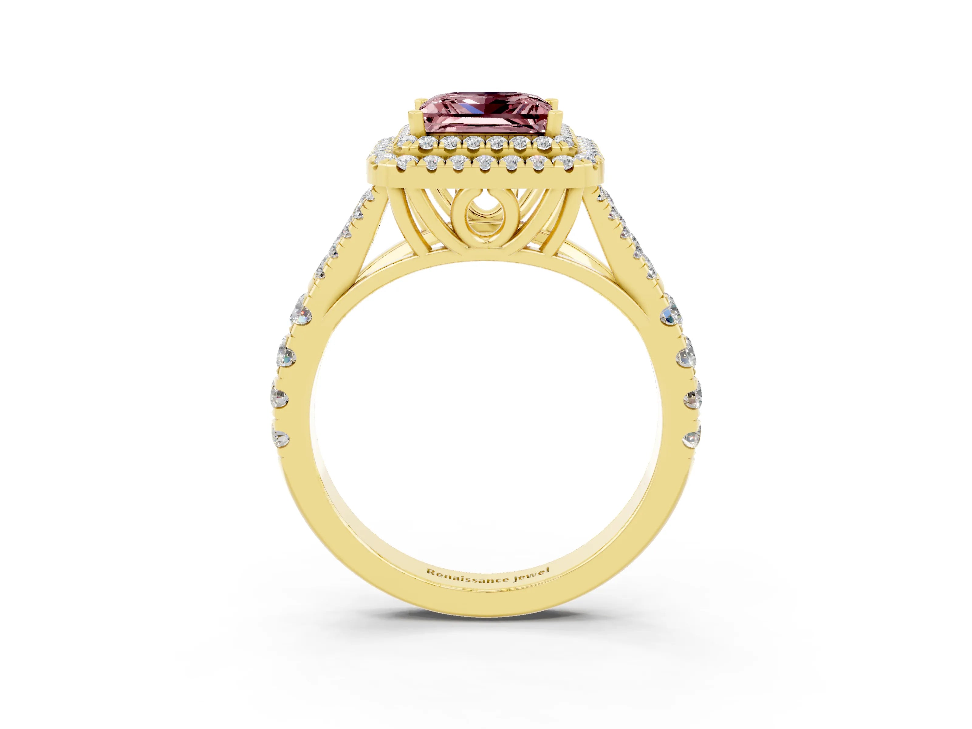 Yellow gold Princess Cut Morganite Double Halo Ring with Split Shank and Prong Setting_15
