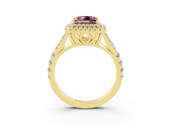Yellow gold Princess Cut Morganite Double Halo Ring with Split Shank and Prong Setting