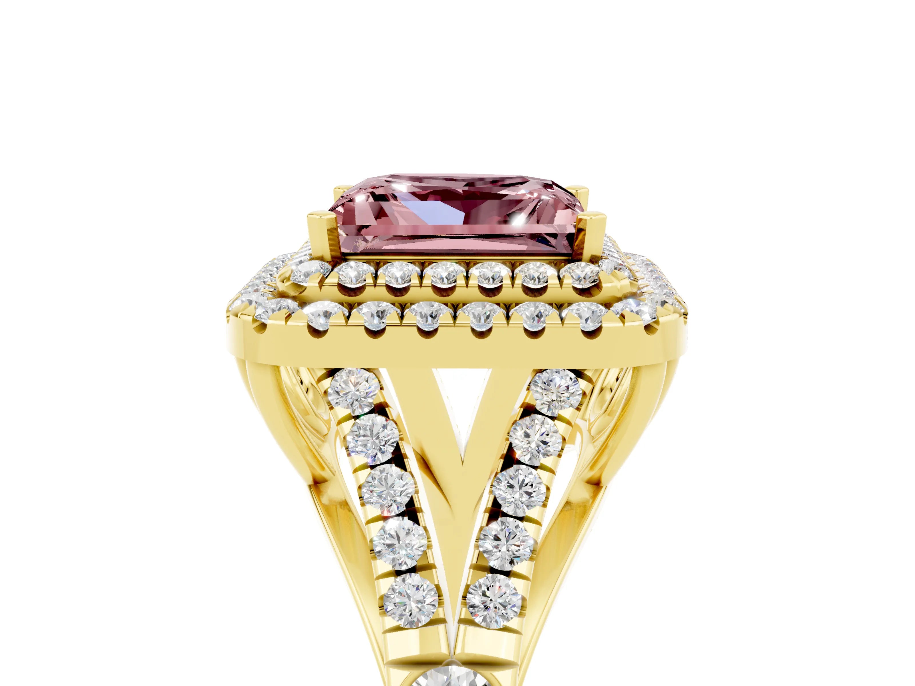 Yellow gold Princess Cut Morganite Double Halo Ring with Split Shank and Prong Setting_17
