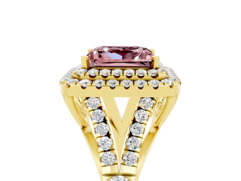 Yellow gold Princess Cut Morganite Double Halo Ring with Split Shank and Prong Setting_17