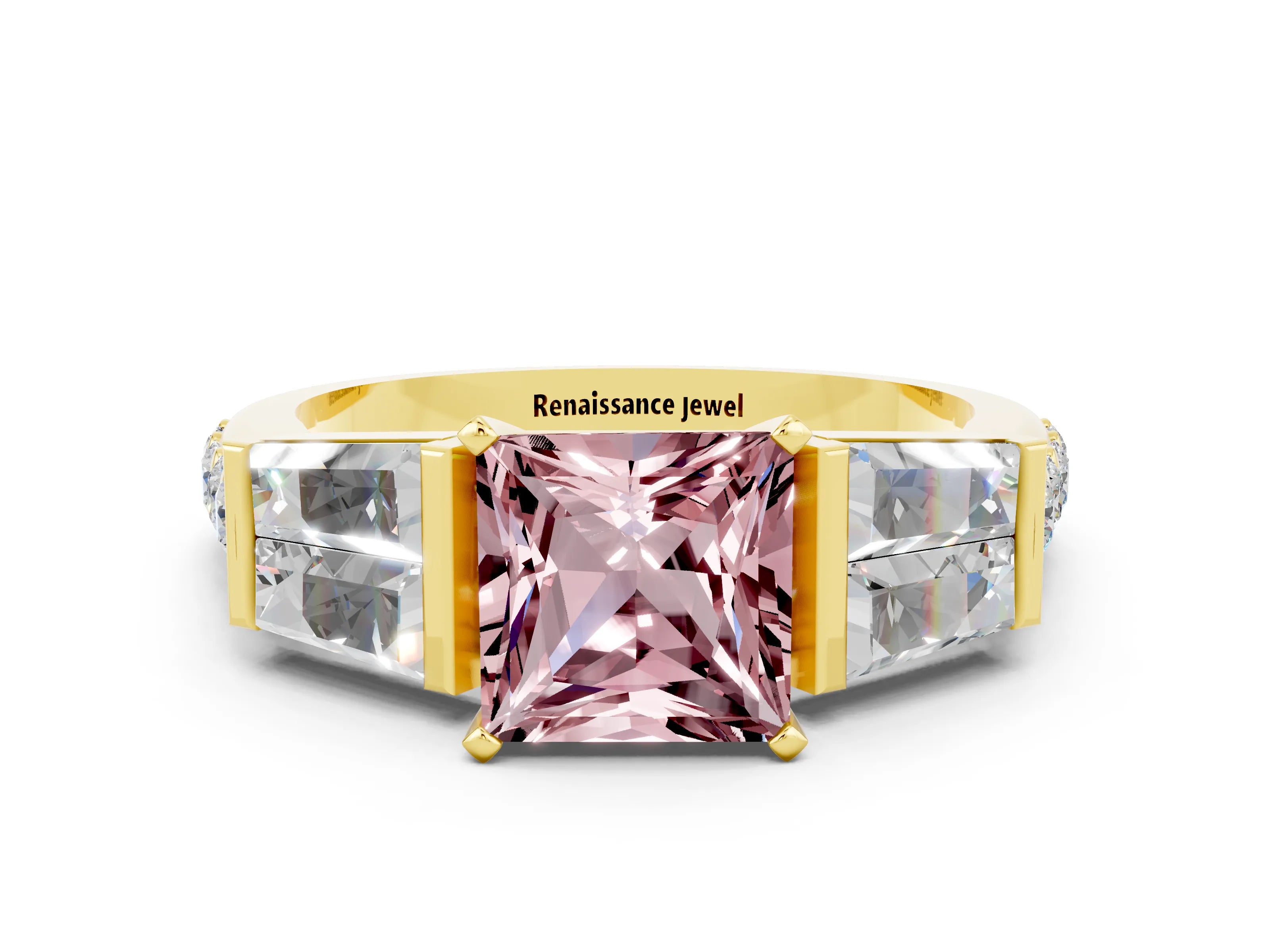 Yellow gold Princess Cut Morganite Engagement Ring with Baguette Side Stones and Channel Set Band