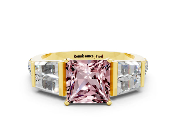 Yellow gold Princess Cut Morganite Engagement Ring with Baguette Side Stones and Channel Set Band