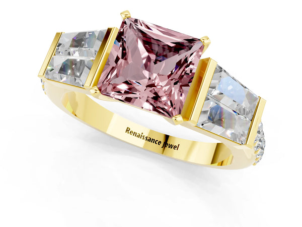 Yellow gold Princess Cut Morganite Engagement Ring with Baguette Side Stones and Channel Set Band