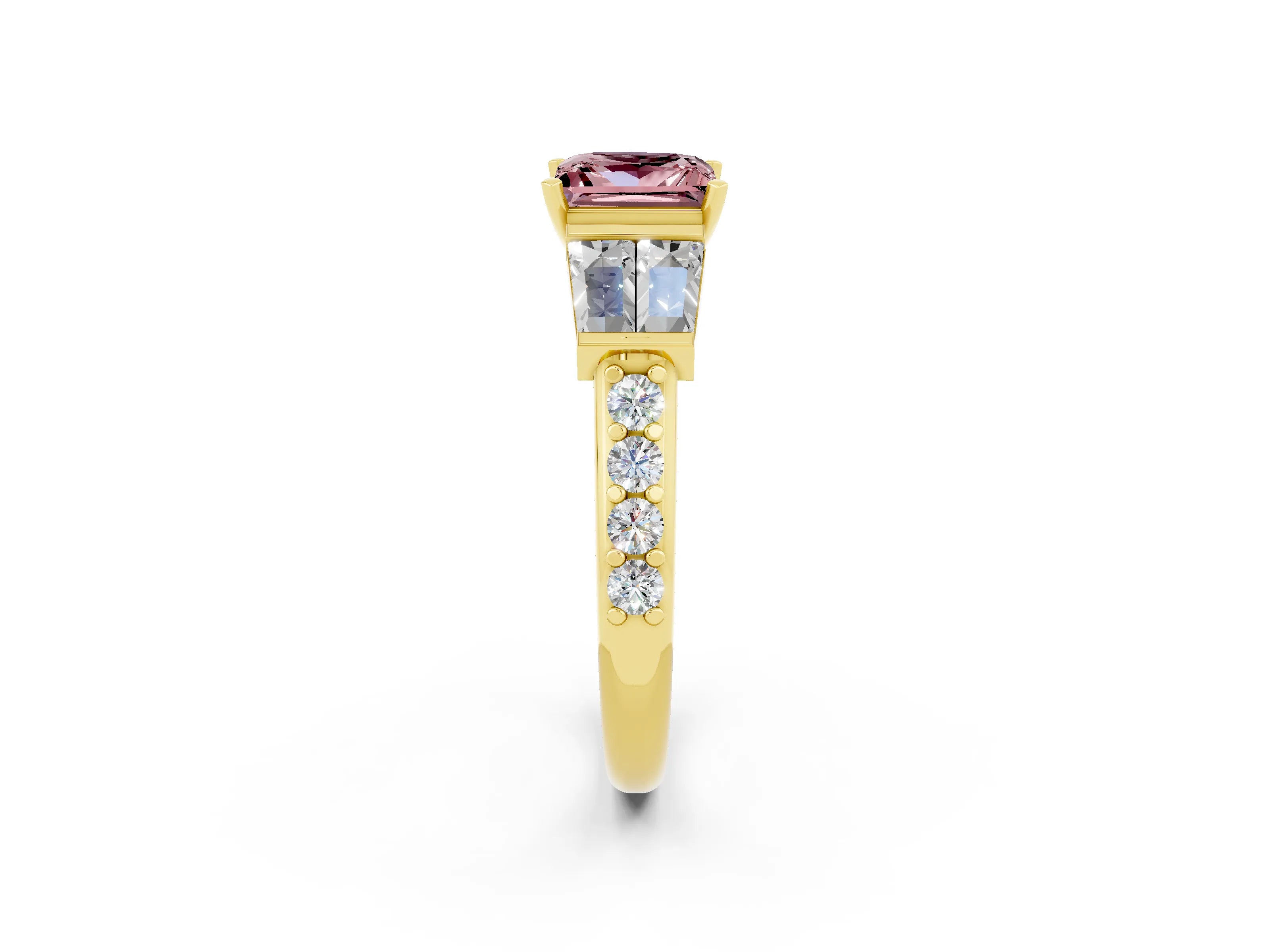 Yellow gold Princess Cut Morganite Engagement Ring with Baguette Side Stones and Channel Set Band_2