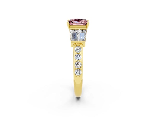 Yellow gold Princess Cut Morganite Engagement Ring with Baguette Side Stones and Channel Set Band
